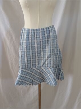 Umgee Blue Plaid Ruffle Raw Hem Skirt Y2kLight Blue Plaid Tweed Ruffle Hem Skirt